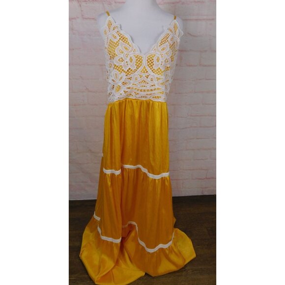 Shein Yellow Maxi Dress With Lace Spaghetti Straps & Tiered Skirt XL - Picture 1 of 11